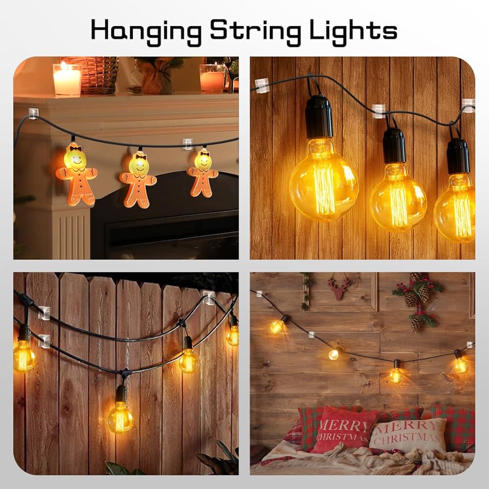 60Pcs Outdoor Light Hooks, Adhesive Fairy Light Clips, Sticky Cable Organizer