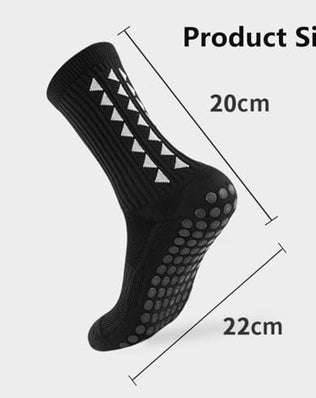 Three pairs of Problems Solved men's non-slip football grip socks with textured soles and ankle cuffs, designed for secure footing during play.