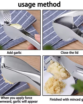 Problems Solved stainless steel garlic press and crusher with ergonomic handle for easy mincing of garlic cloves.