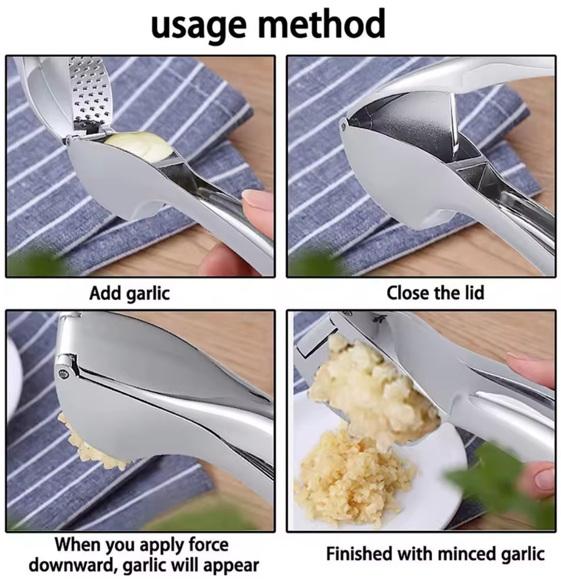 Problems Solved stainless steel garlic press and crusher with ergonomic handle for easy mincing of garlic cloves.