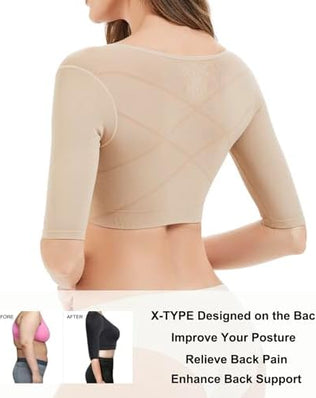 Problems Solved women's arm shaper with front closure, post-surgery lipo compression sleeve, designed for arm contouring and support