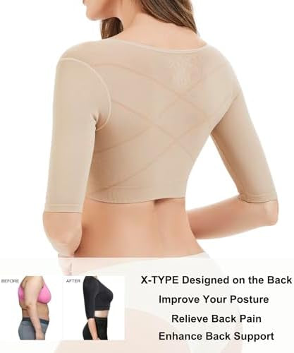 Problems Solved women's arm shaper with front closure, post-surgery lipo compression sleeve, designed for arm contouring and support