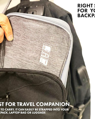 Problems Solved cable bag and electronics travel organizer with multiple compartments for cables and accessories on a white background.