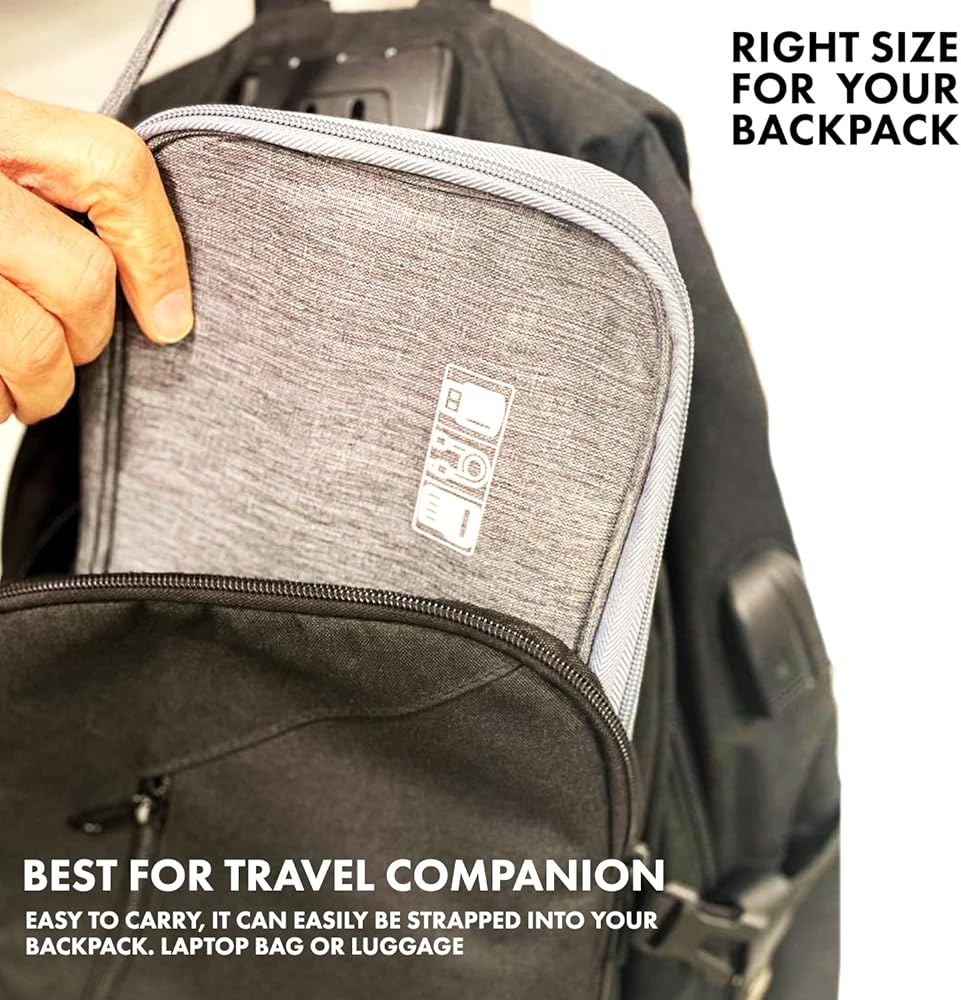 Problems Solved cable bag and electronics travel organizer with multiple compartments for cables and accessories on a white background.