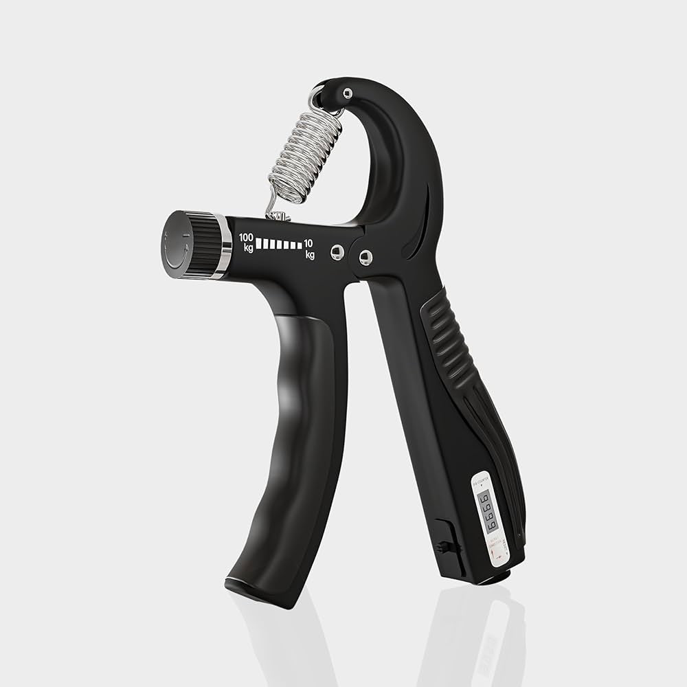 Problems Solved adjustable grip strengthener with hand grips and dial, designed for forearm and hand muscle training, 10-100 kg.