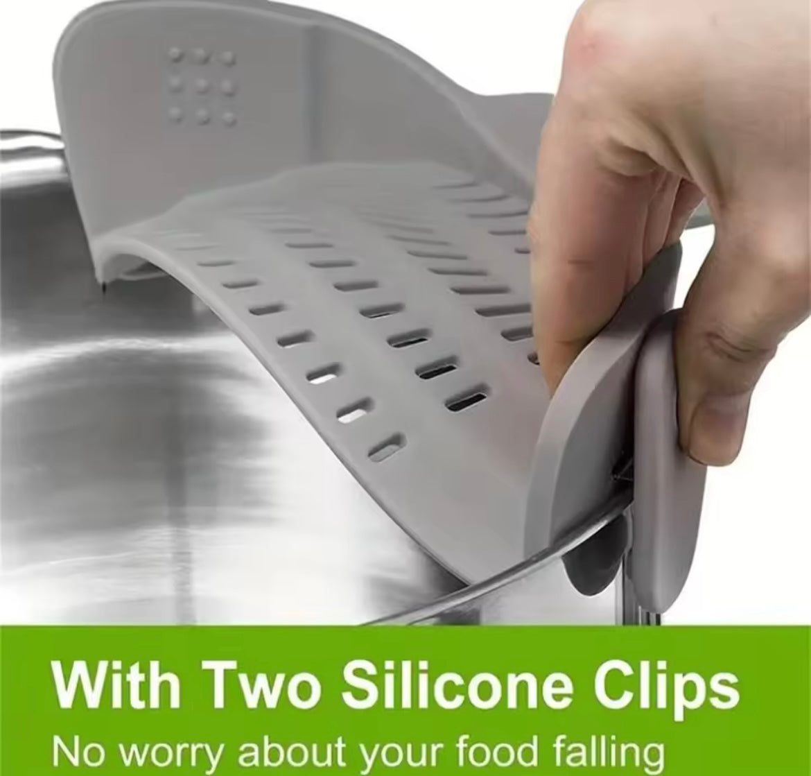 Adjustable silicone clip-on drainer for pots, pans, and bowls by Problems Solved, shown attached to cookware for drying.