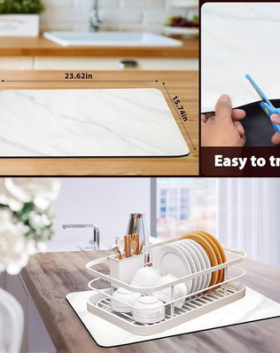 Problems Solved dish drying mat for kitchen counter, 24x16 inches, super absorbent and ideal for drying dishes and utensils.
