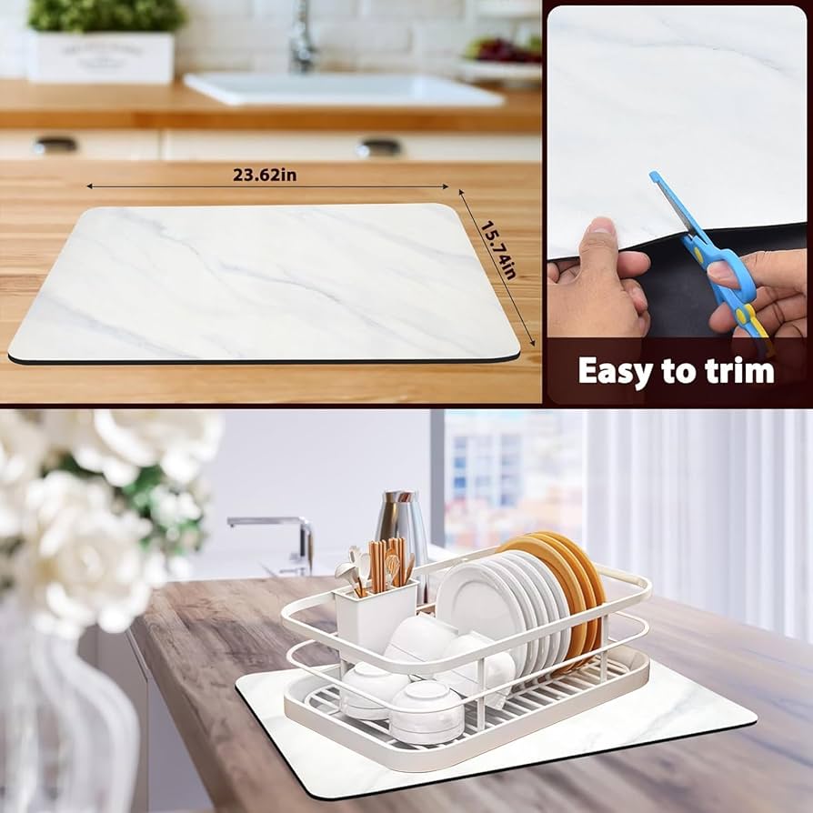 Problems Solved dish drying mat for kitchen counter, 24x16 inches, super absorbent and ideal for drying dishes and utensils.