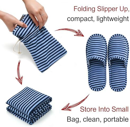 Foldable Slippers, Non-Slip Portable Hotel Slippers for Men and Women (Stripes, Large/X-Large)