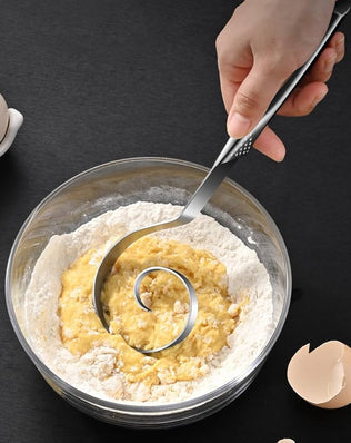 Problems Solved Danish dough whisk made of stainless steel, seamless design ideal for sourdough bread baking and mixing dough.