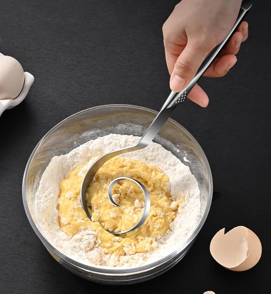 Problems Solved Danish dough whisk made of stainless steel, seamless design ideal for sourdough bread baking and mixing dough.