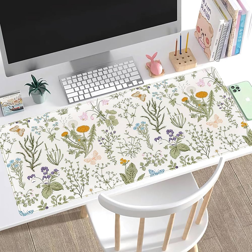 Problems Solved cute flowers desk mat with pressed dried floral design, floral mouse pad for office or home workspace.