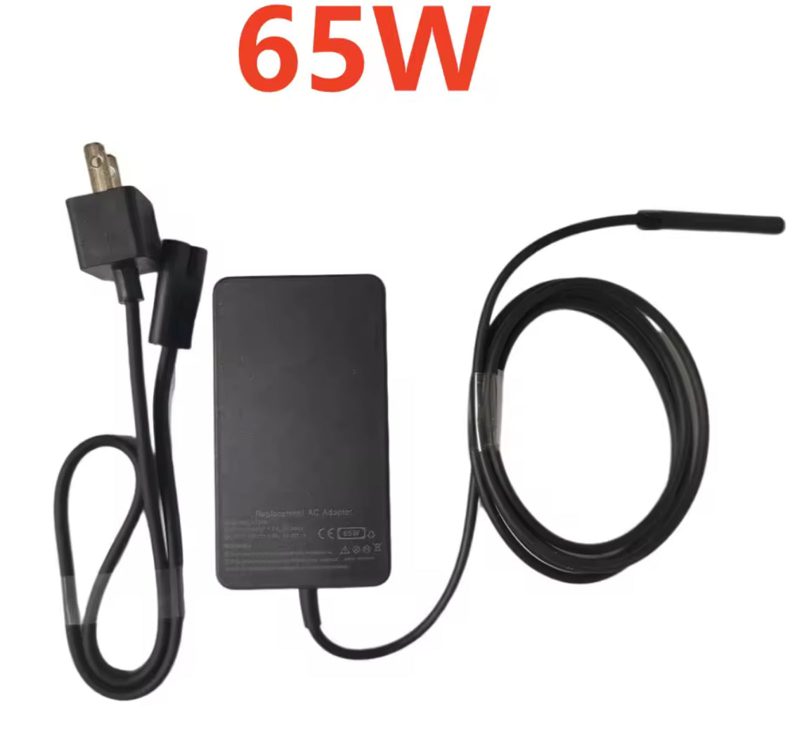 Problems Solved 65W 15V 4A red power charger for Microsoft Surface Pro 4, with compatible connector and clear branding.