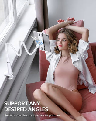 Flexible tablet holder and phone stand by Problems Solved with a 360-degree adjustable lazy arm for hands-free viewing.