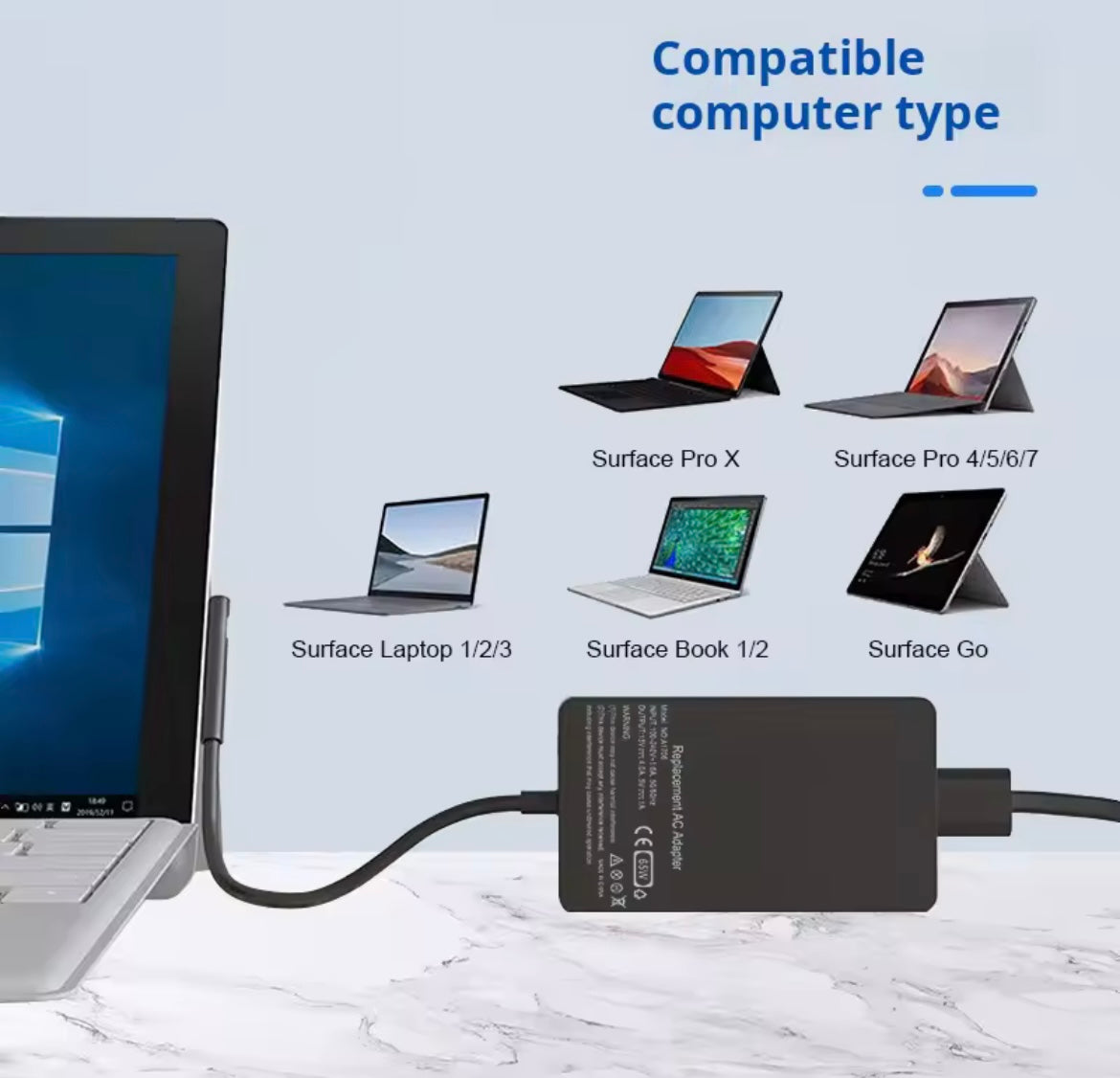 Microsoft Surface Pro 4 65W 15V 4A red power adapter by Problems Solved, with cable and connectors visible.