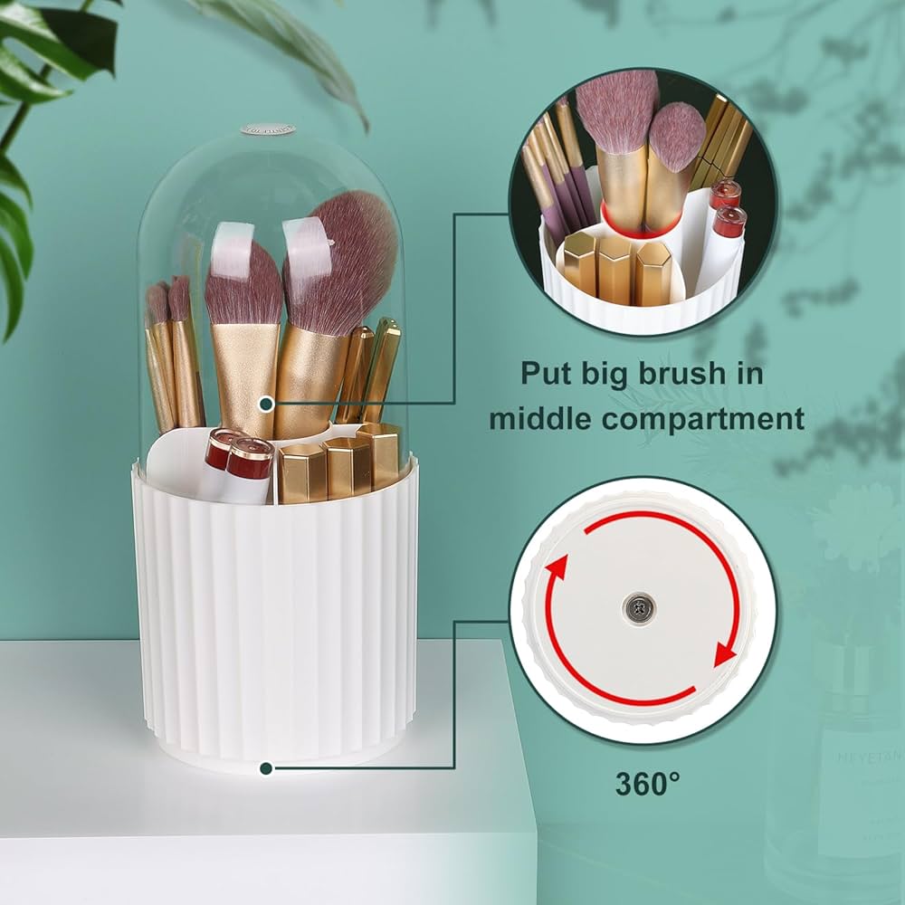 Makeup Brush Holder with Lid, 360 Degree Makeup Brush Organizer Rotating