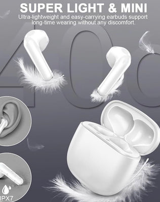 Wireless Bluetooth 5.3 in-ear headphones by Problems Solved, showing sleek black earbuds with inline microphone and charging case