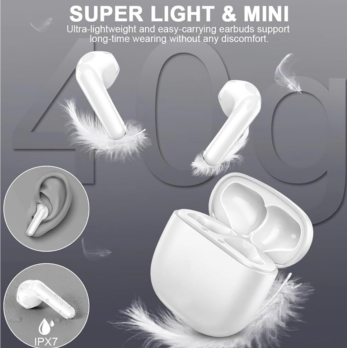 Wireless Bluetooth 5.3 in-ear headphones by Problems Solved, showing sleek black earbuds with inline microphone and charging case