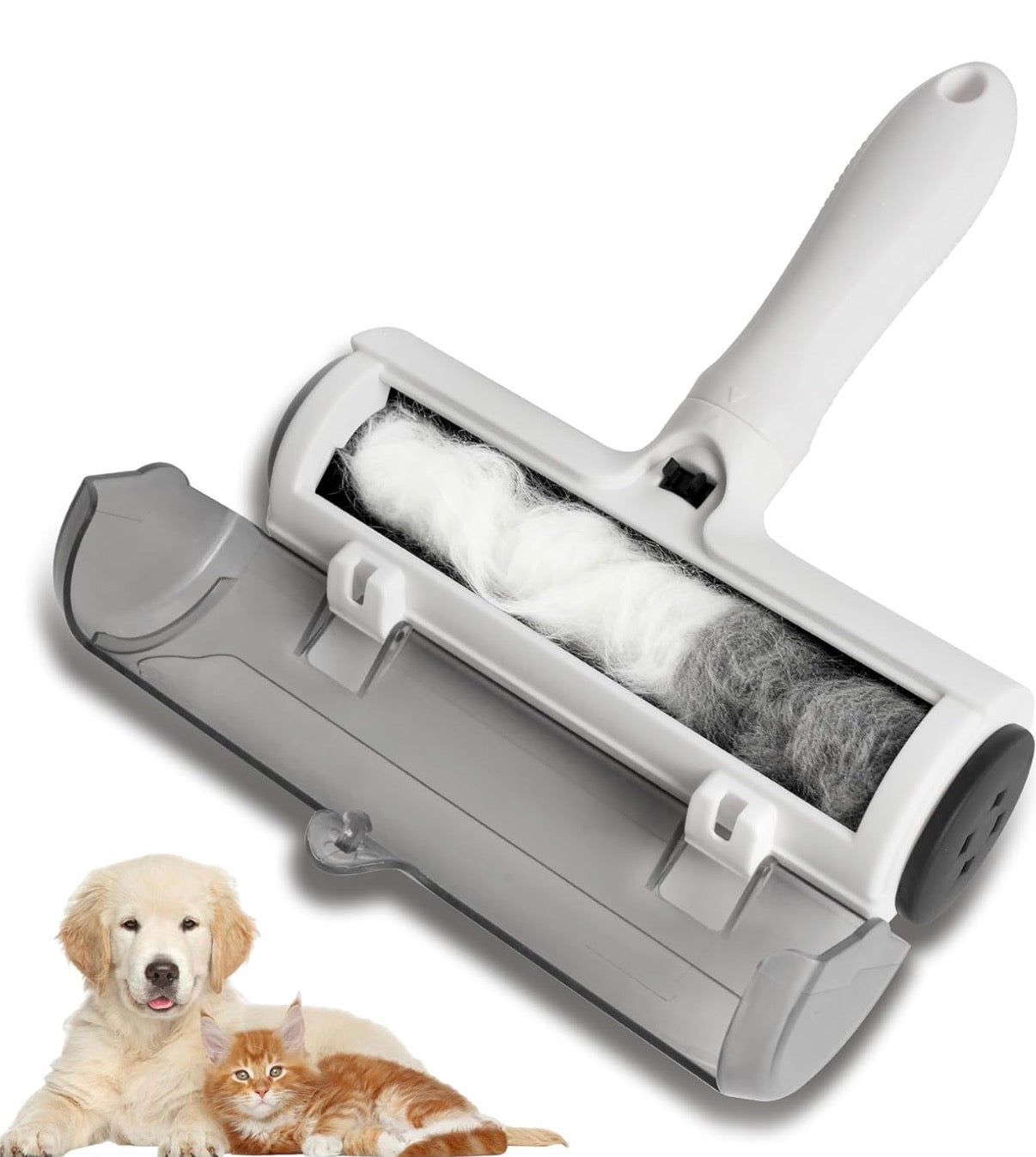 Reusable lint roller for pet hair by Problems Solved, featuring extra sticky, washable design for removing cat and dog hair.