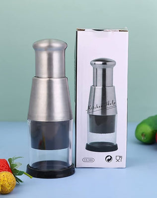 Problems Solved pressed garlic chopper, 16cm garlic press with stainless steel blades, compact kitchen tool for garlic mincing.