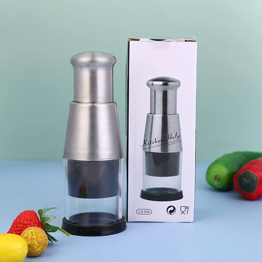 Problems Solved pressed garlic chopper, 16cm garlic press with stainless steel blades, compact kitchen tool for garlic mincing.