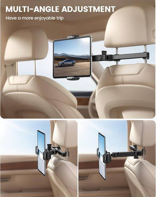 Problems Solved adjustable car headrest tablet mount with aluminium arm, compatible with 2025 tablets for secure in-car entertainment.