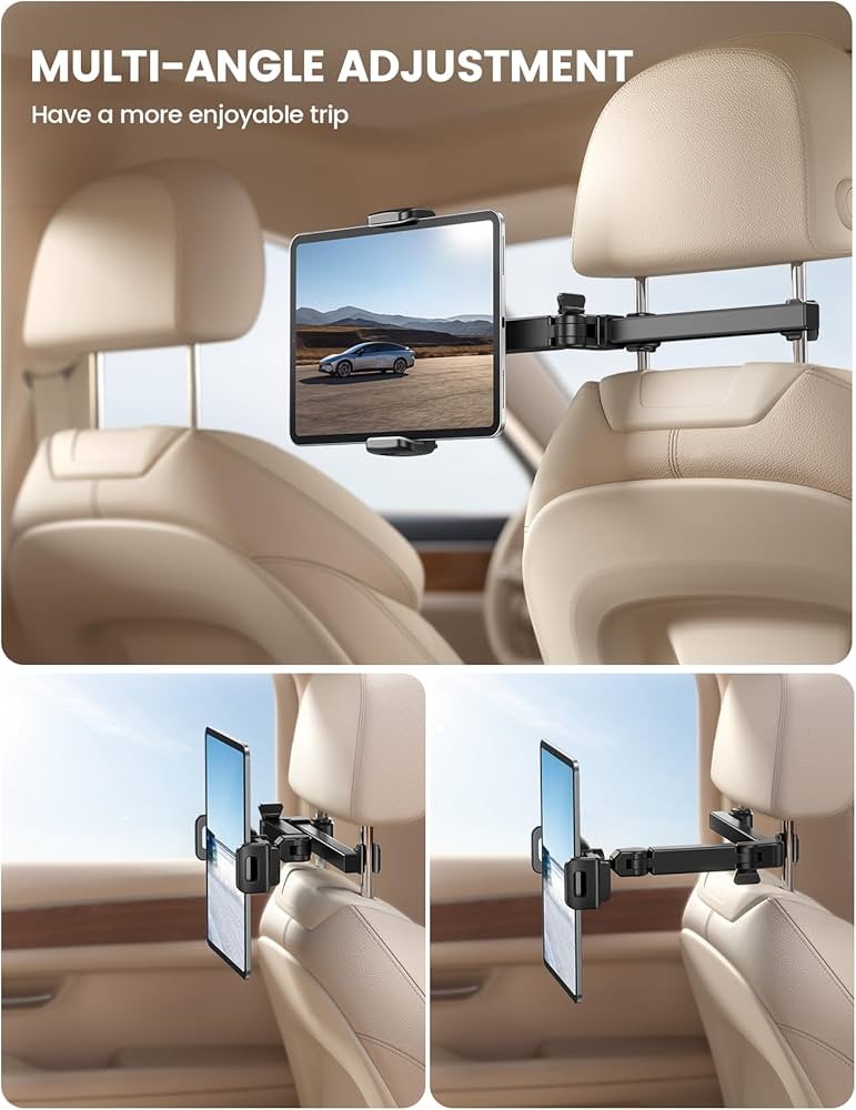 Problems Solved adjustable car headrest tablet mount with aluminium arm, compatible with 2025 tablets for secure in-car entertainment.