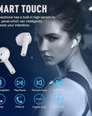 Wireless Bluetooth 5.3 in-ear headphones by Problems Solved with sleek black earbud and compact design.