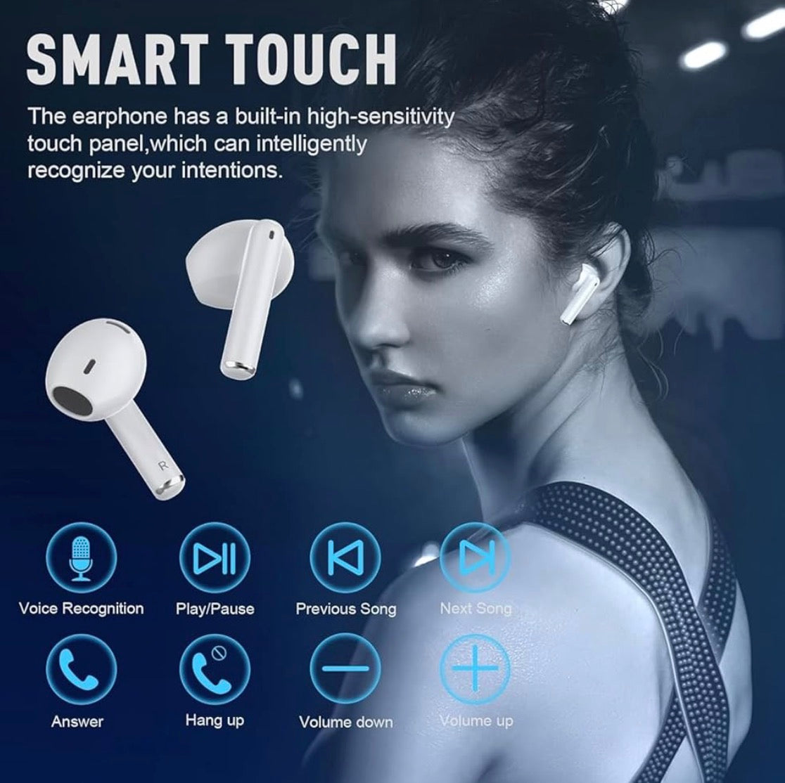 Wireless Bluetooth 5.3 in-ear headphones by Problems Solved with sleek black earbud and compact design.