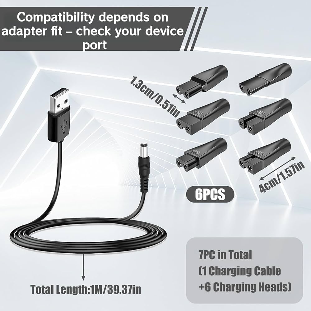 Problems Solved electric shaver charger kit with 7-piece universal USB replacement cable for grooming devices.