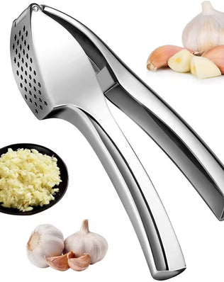 Manual stainless steel garlic press by Problems Solved, showing the sturdy crusher with textured handles for efficient mincing.