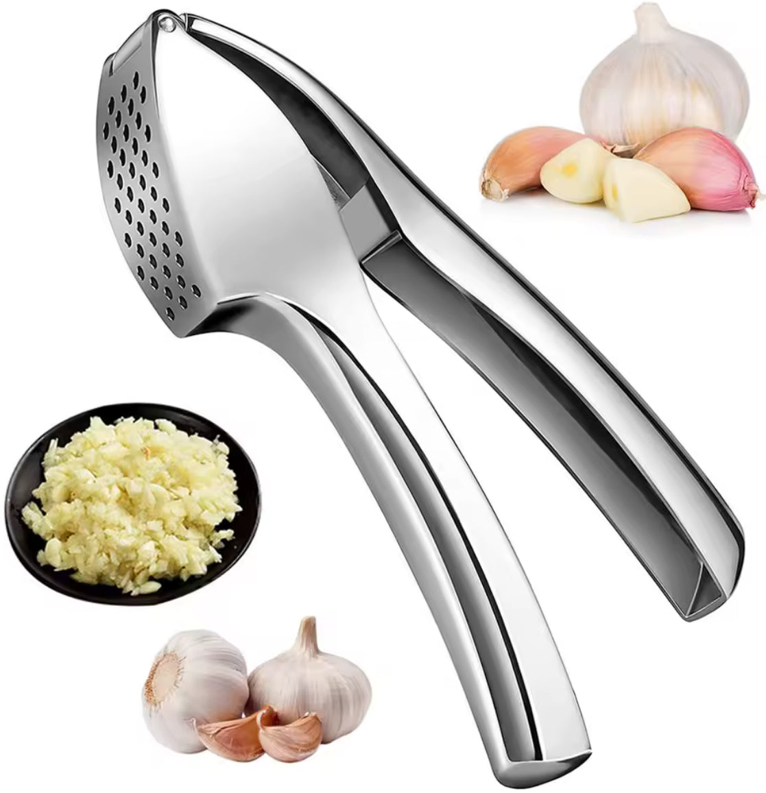 Manual stainless steel garlic press by Problems Solved, showing the sturdy crusher with textured handles for efficient mincing.