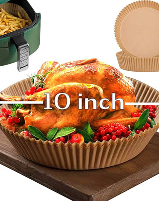 Pack of 50 XXL 10-inch air fryer disposable paper liners by Problems Solved, designed to fit large air fryers.
