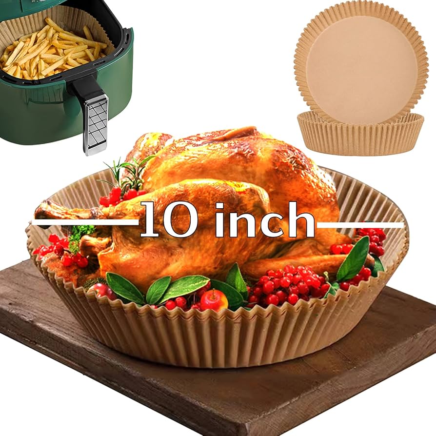 Pack of 50 XXL 10-inch air fryer disposable paper liners by Problems Solved, designed to fit large air fryers.