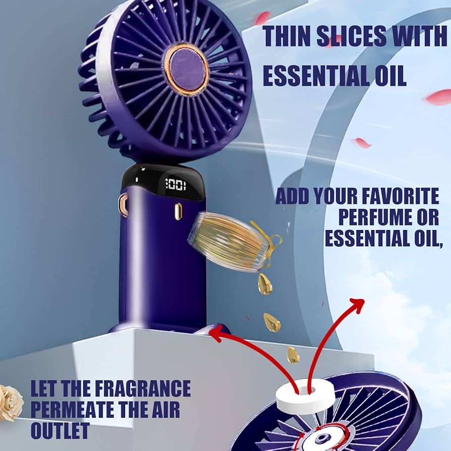 Problems Solved portable handheld USB rechargeable fan with five speed settings, compact design, and ergonomic handle.
