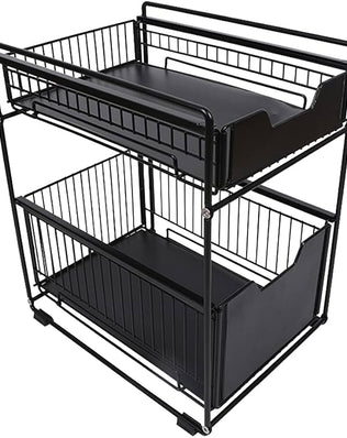 Problems Solved 2-tier under sink storage organizer with slide-out drawers for kitchen organization and easy access.