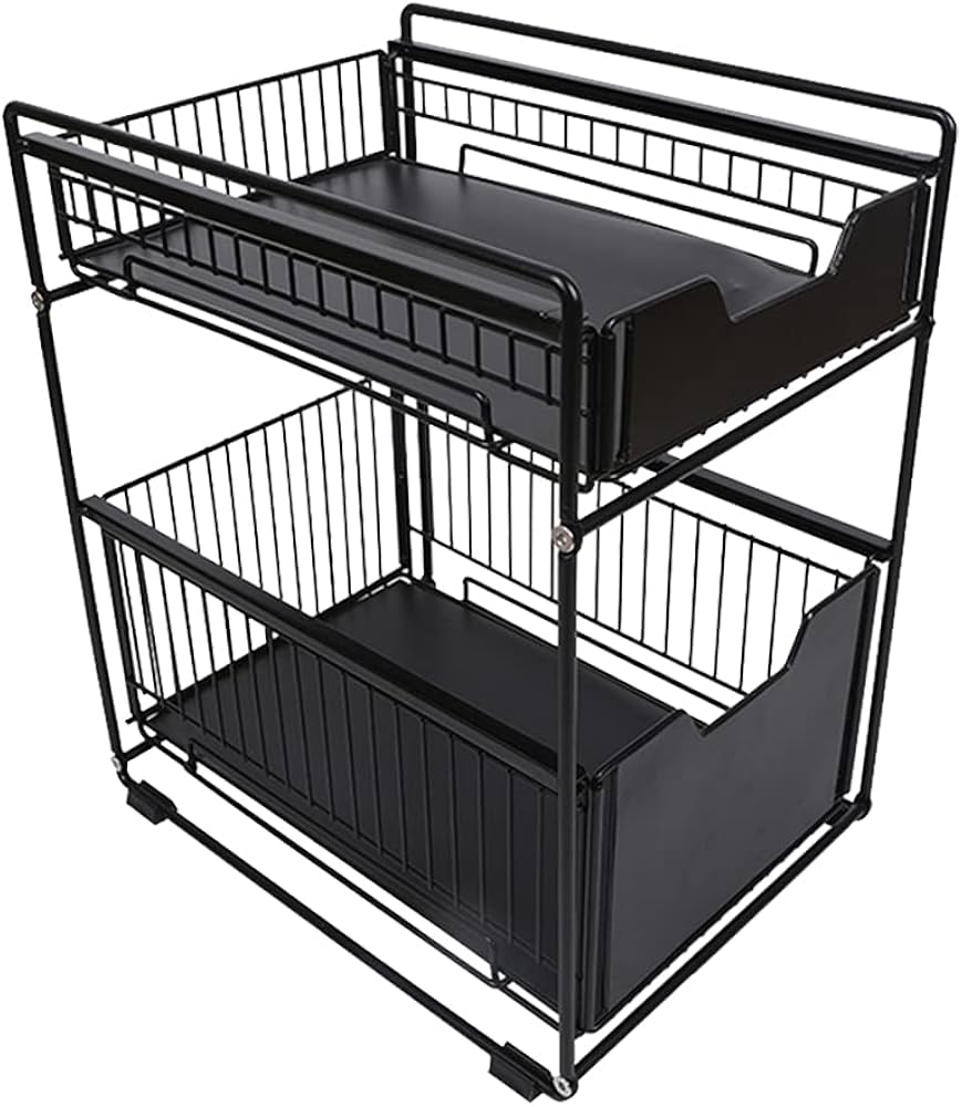 Problems Solved 2-tier under sink storage organizer with slide-out drawers for kitchen organization and easy access.