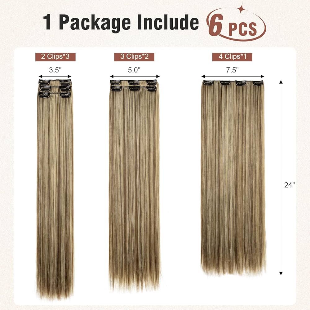6PCS Clip in Hair Extensions 24" Straight Long Extensions for Women Synthetic Hairpiece