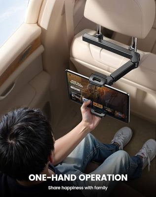 Problems Solved aluminium car headrest tablet mount with adjustable arm, securely holding tablets in vehicle headrests.