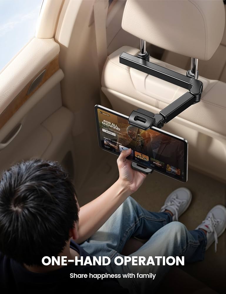 Problems Solved aluminium car headrest tablet mount with adjustable arm, securely holding tablets in vehicle headrests.