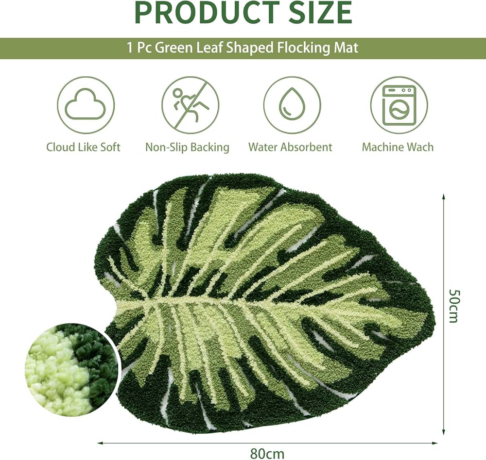 Problems Solved green monstera leaf bath mat, tropical plant-shaped shower rug, bathroom floor mat with vibrant leaf design
