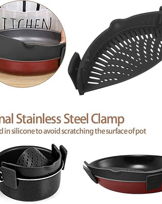 Problems Solved silicone clip-on pot strainer for hands-free, easy food straining in the kitchen.