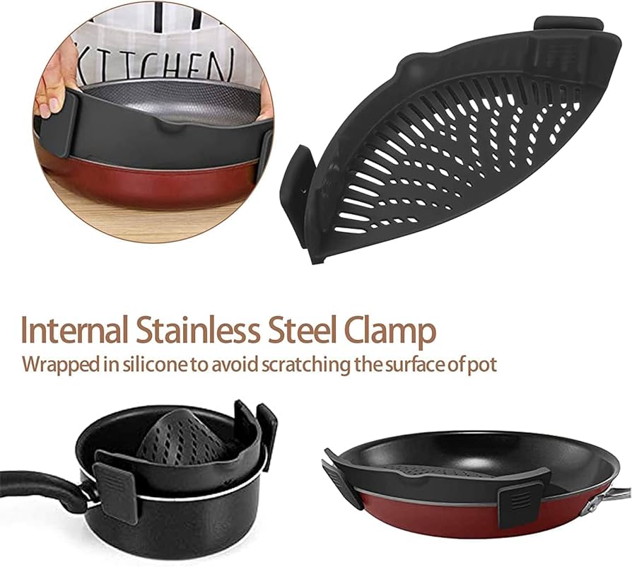 Problems Solved silicone clip-on pot strainer for hands-free, easy food straining in the kitchen.