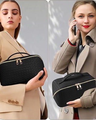 Problems Solved waterproof leather makeup bag for women, portable cosmetic bag with multiple compartments and sleek design.