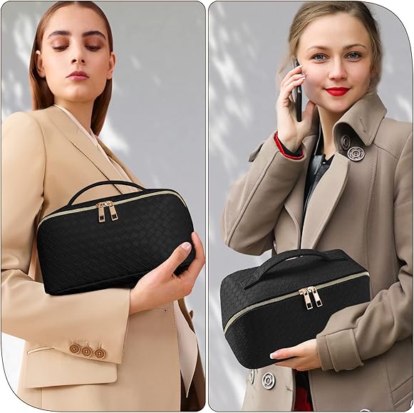 Problems Solved waterproof leather makeup bag for women, portable cosmetic bag with multiple compartments and sleek design.