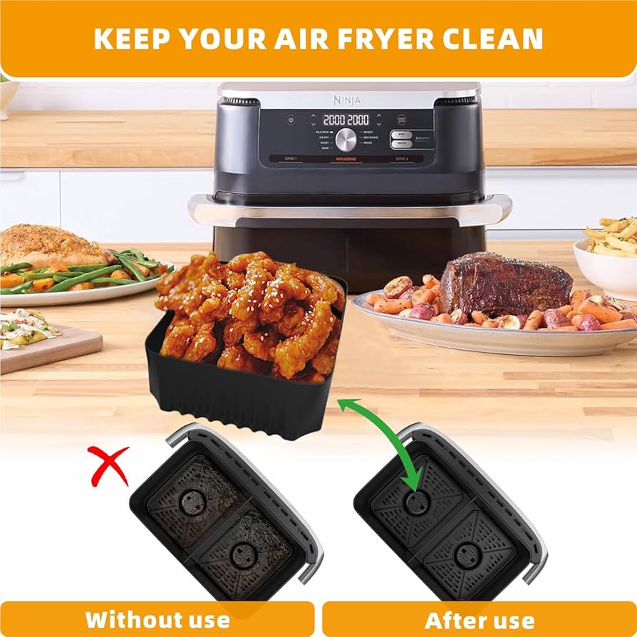 Silicone liners for Ninja AF500UK 10L dual air fryer, Problems Solved brand, reusable accessories for easy cleanup.
