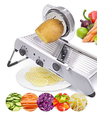 Problems Solved 18-in-1 adjustable mandoline slicer with stainless steel blades for slicing, grating, and julienning vegetables manually.