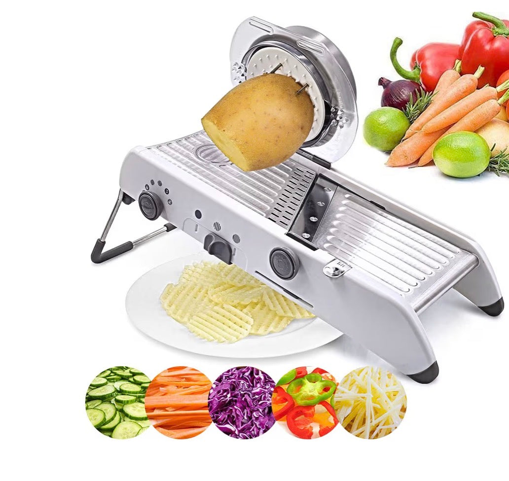 Problems Solved 18-in-1 adjustable mandoline slicer with stainless steel blades for slicing, grating, and julienning vegetables manually.