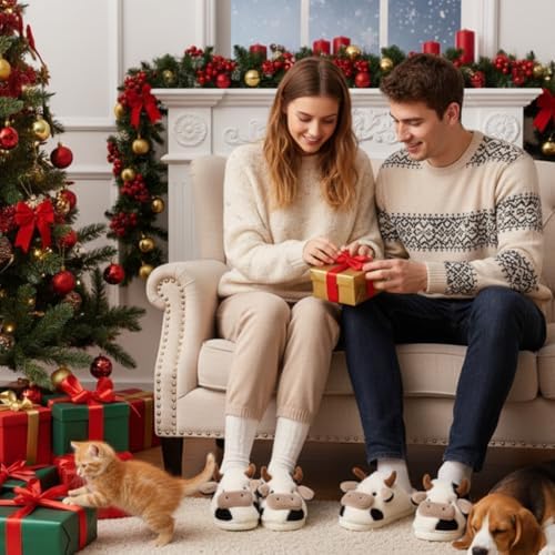 Cow Slippers Women Men Plush Mules Winter Soft Warm Comfortable Fluffy