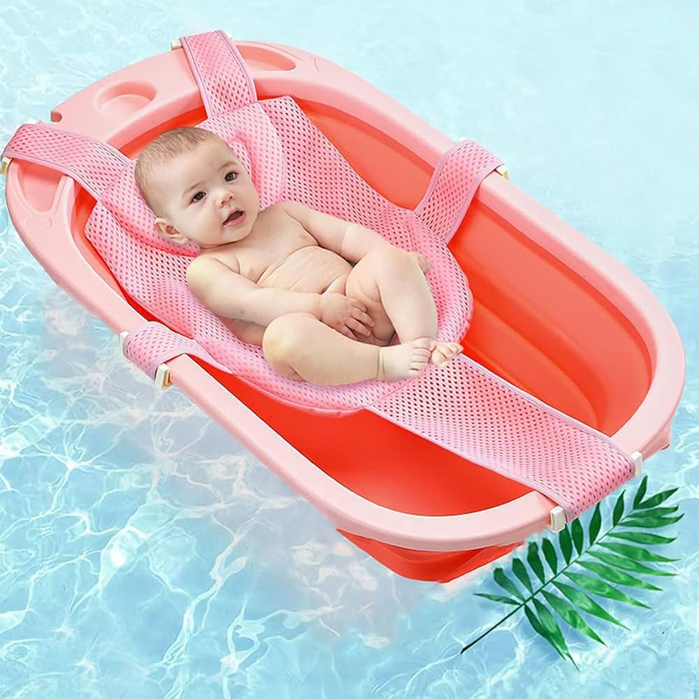 Baby Bath Net and Mesh Bath Pad by Problems Solved, adjustable baby bath mat with soft mesh for gentle bathing support.